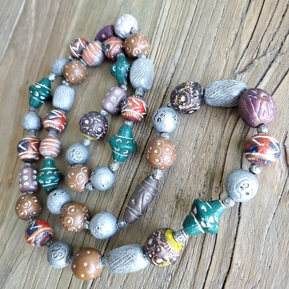 Hand Crafted Artisan Women's Clay Bead Necklace 18" Length